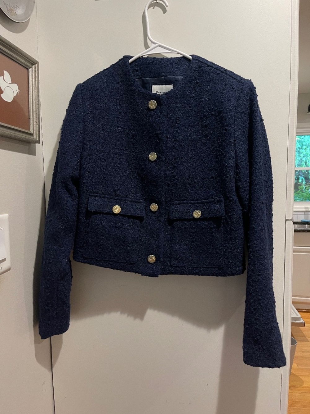 Abercrombie & Fitch Women's Collarless Boucle Tweed Jacket Size S Navy Blue NWT